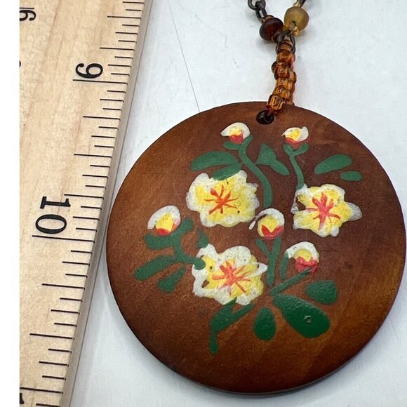 Vintage Hand-Painted Floral Pendant Necklace With Beaded Chain. B44 - Picture 12 of 13